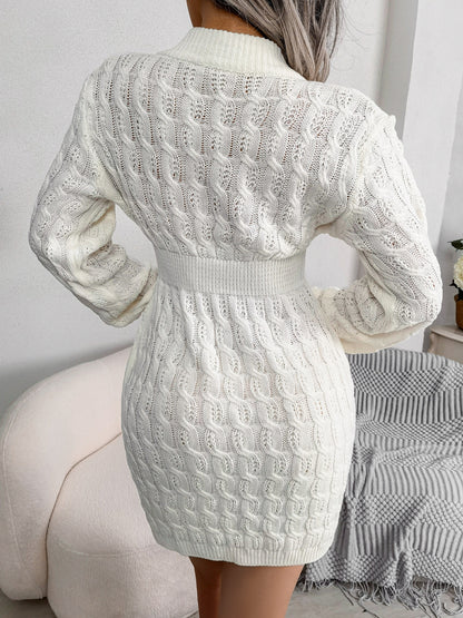 Cable-Knit Openwork White Sweater Dress
