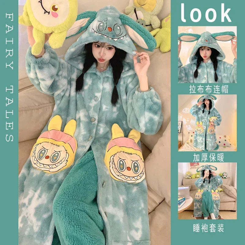 Thickeneded Velvet Flannel Warmth Light green  Cute Pajama