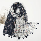 Cotton Linen Retro Twilight Blue Floral Long Scarf