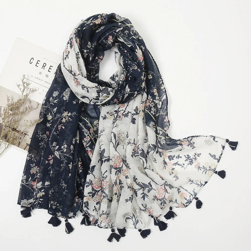 Cotton Linen Retro Twilight Blue Floral Long Scarf
