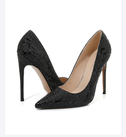 Embossed Snake Ultra High Heels Black Pumps