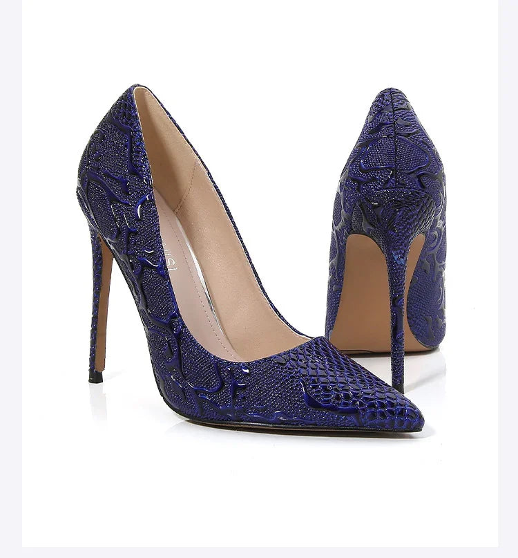 Embossed Snake Ultra High Heels Blue Pumps