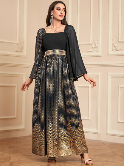 Elegant Floral Embossed Arabian Black Maxi Dress