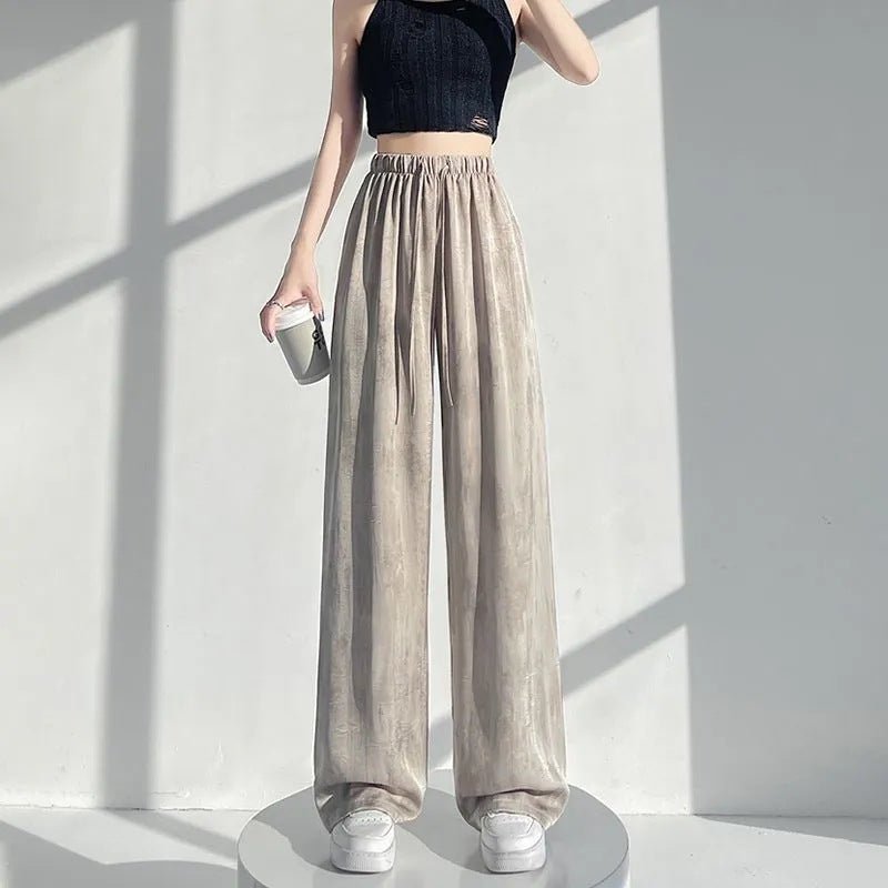 Loose Sstraight Silk Satin Wide Leg Khaki Trousers