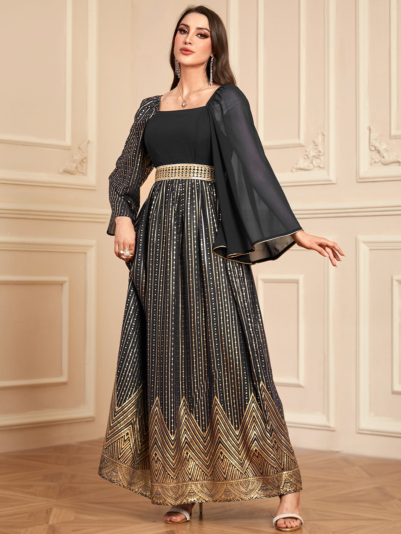 Elegant Floral Embossed Arabian Black Maxi Dress