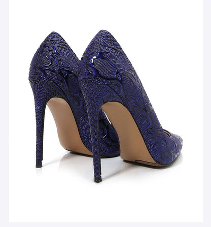 Embossed Snake Ultra High Heels Blue Pumps