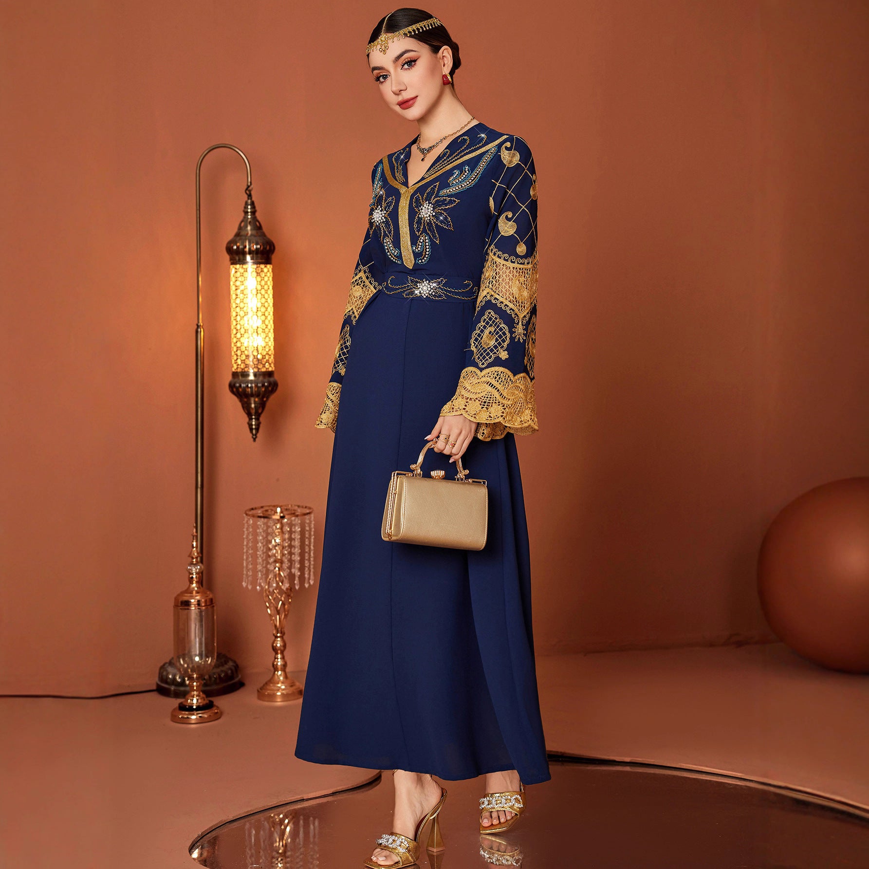 Embroidered Hand-Sewn Diamond V Neck Long Dress