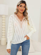 Lace Detail V-Neck Long Sleeve Rice White Sweater