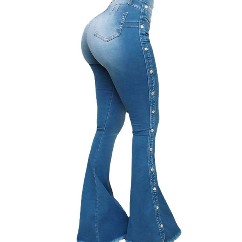 Elastic Floor-Length Flared Blue Jeans