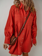 Pocketed Button Down Long Sleeve Shirt Dress