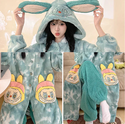 Thickeneded Velvet Flannel Warmth Light green  Cute Pajama
