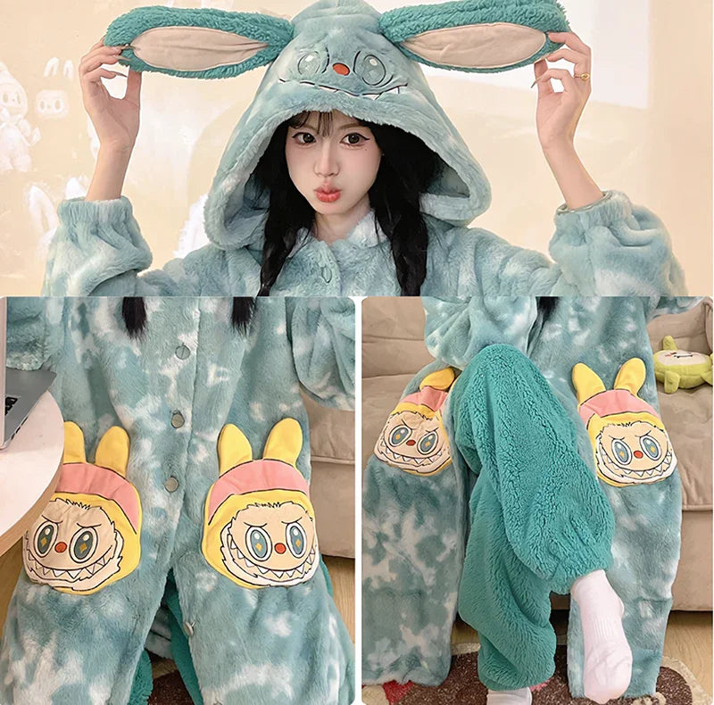 Thickeneded Velvet Flannel Warmth Light green  Cute Pajama