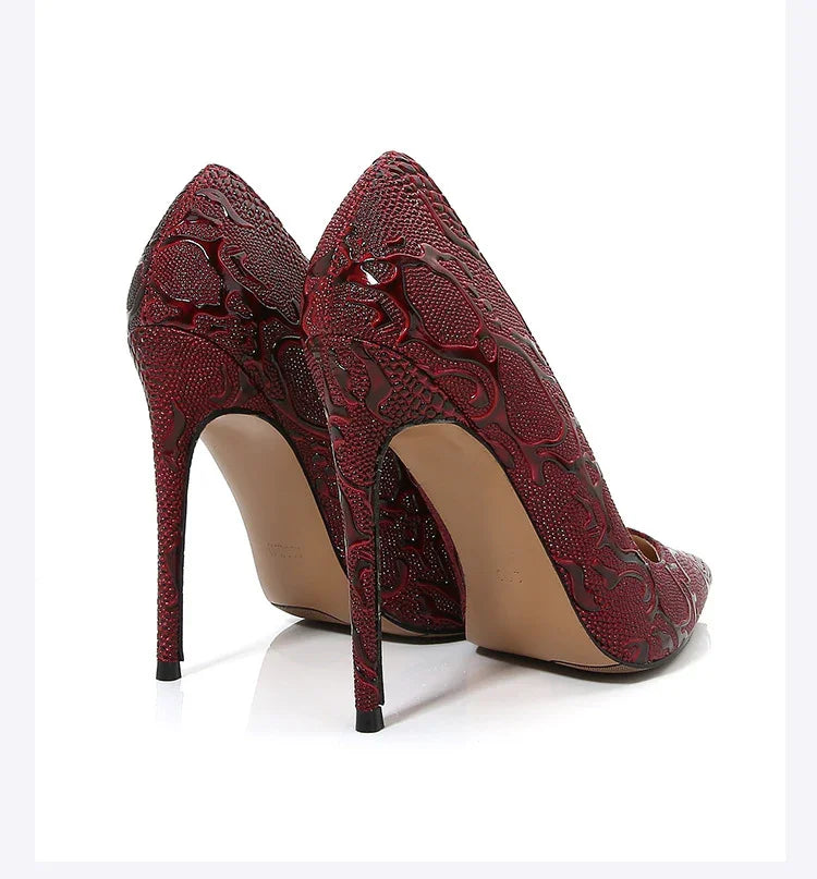 Embossed Snake Ultra High Heels Red Pumps