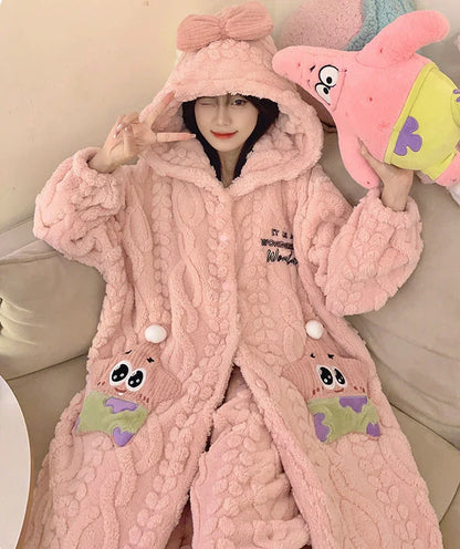 Thickeneded Velvet Flannel Warmth Pink Star Bow Cute Pajama