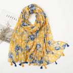 Cotton Linen Mustard Yellow Floral Long Scarf