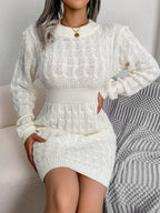 Cable-Knit Openwork White Sweater Dress