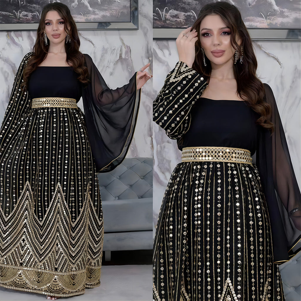Elegant Floral Embossed Arabian Black Maxi Dress