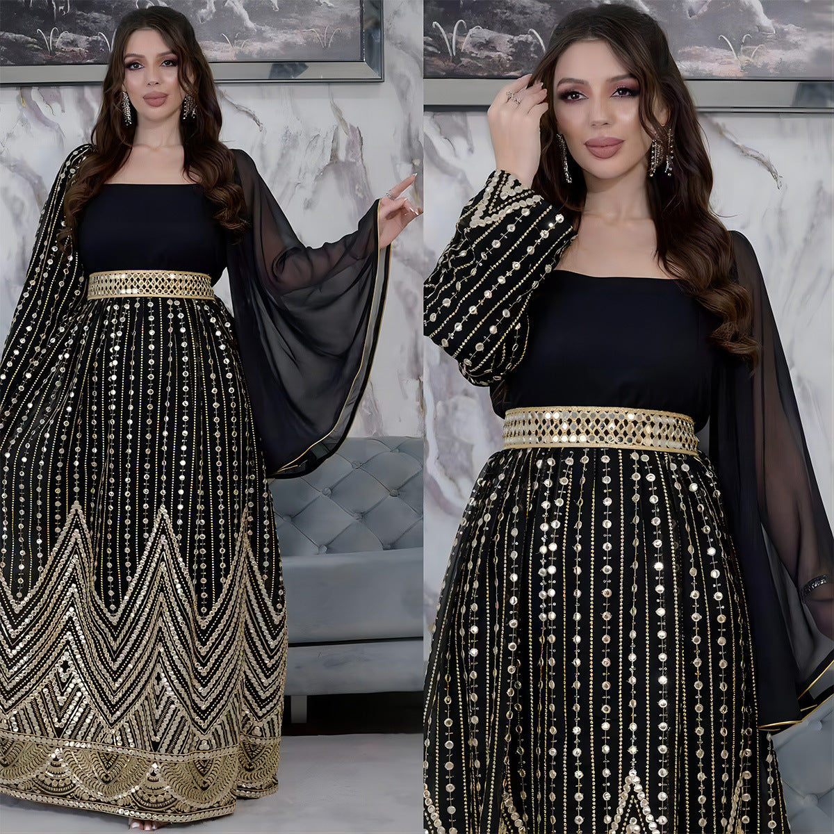 Elegant Floral Embossed Arabian Black Maxi Dress