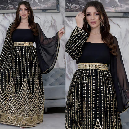 Elegant Floral Embossed Arabian Black Maxi Dress