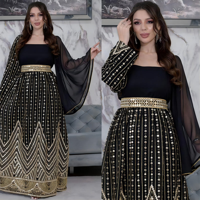 Elegant Floral Embossed Arabian Black Maxi Dress