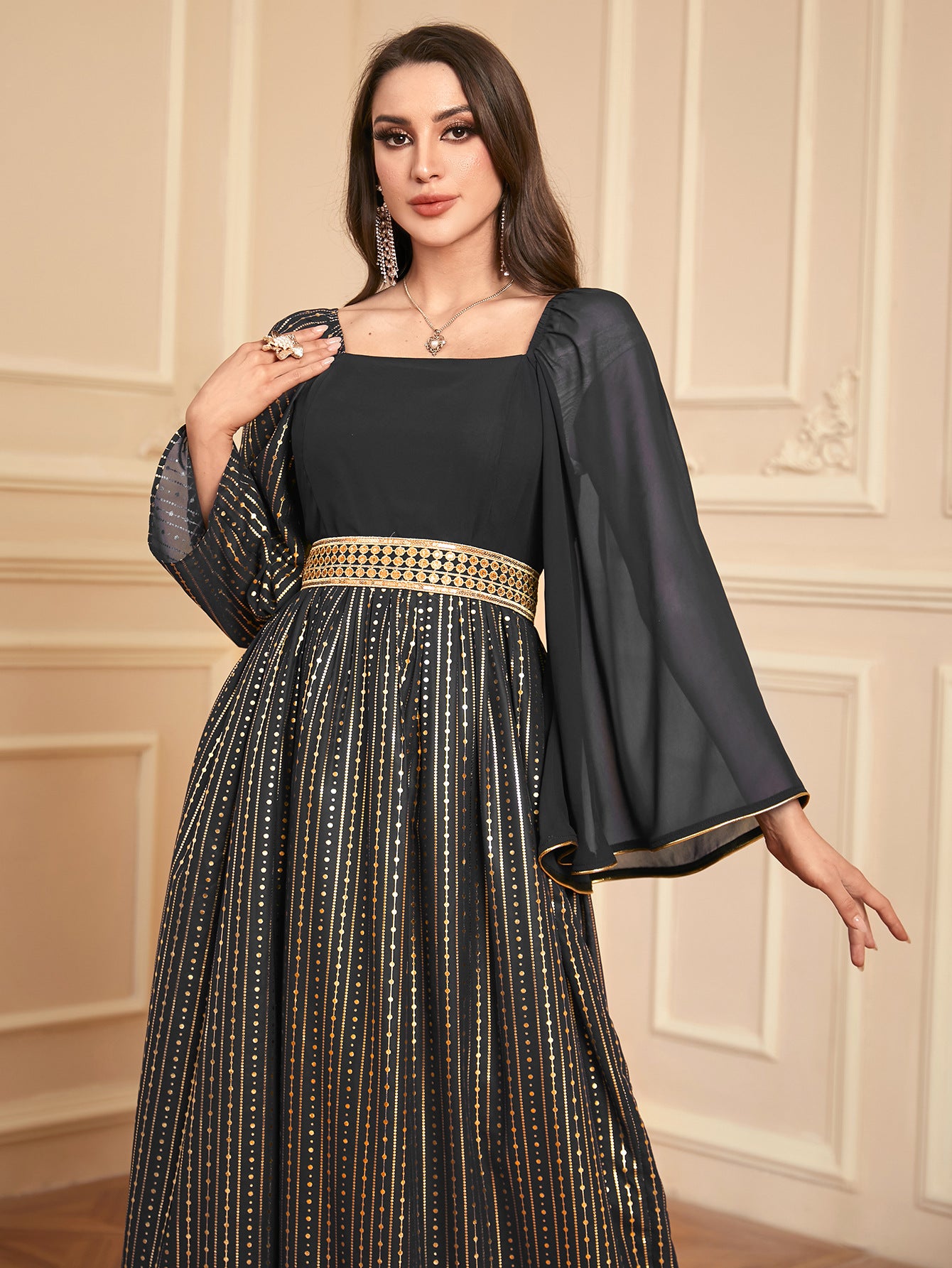 Elegant Floral Embossed Arabian Black Maxi Dress