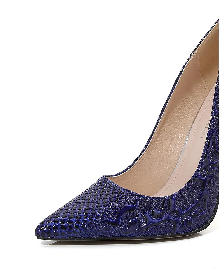 Embossed Snake Ultra High Heels Blue Pumps