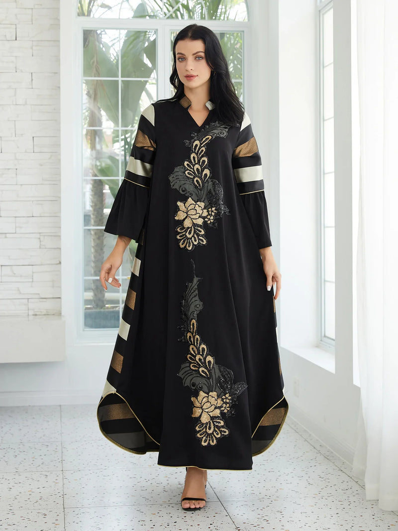 Patchwork Striped Black Long Jalabiya