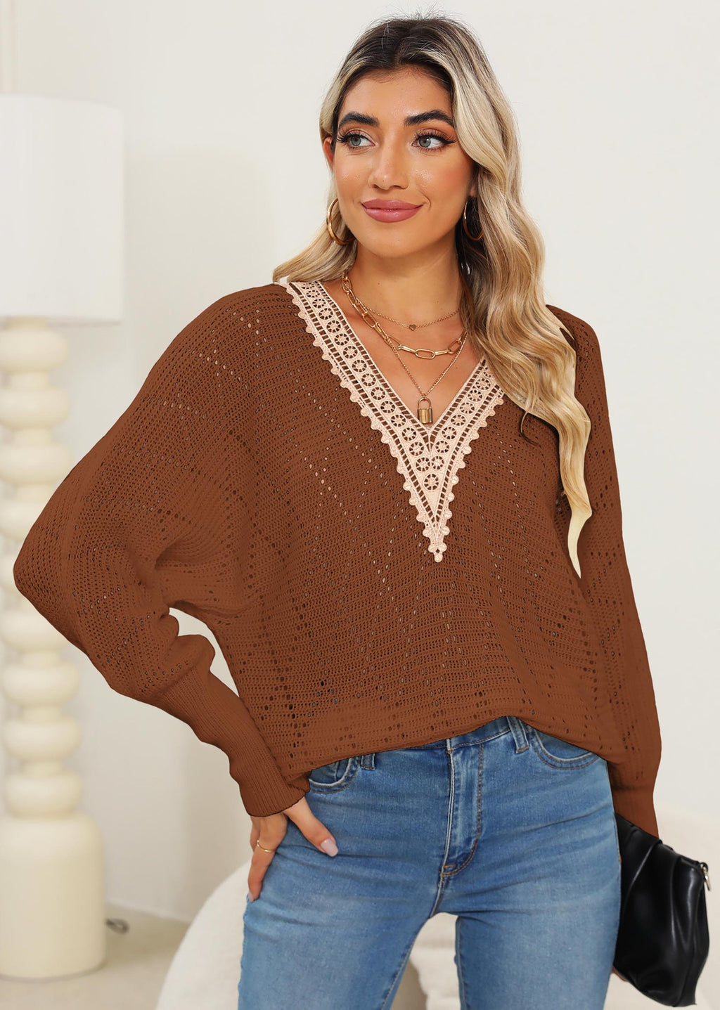 Lace Detail V-Neck Long Sleeve Deep Camel Sweater
