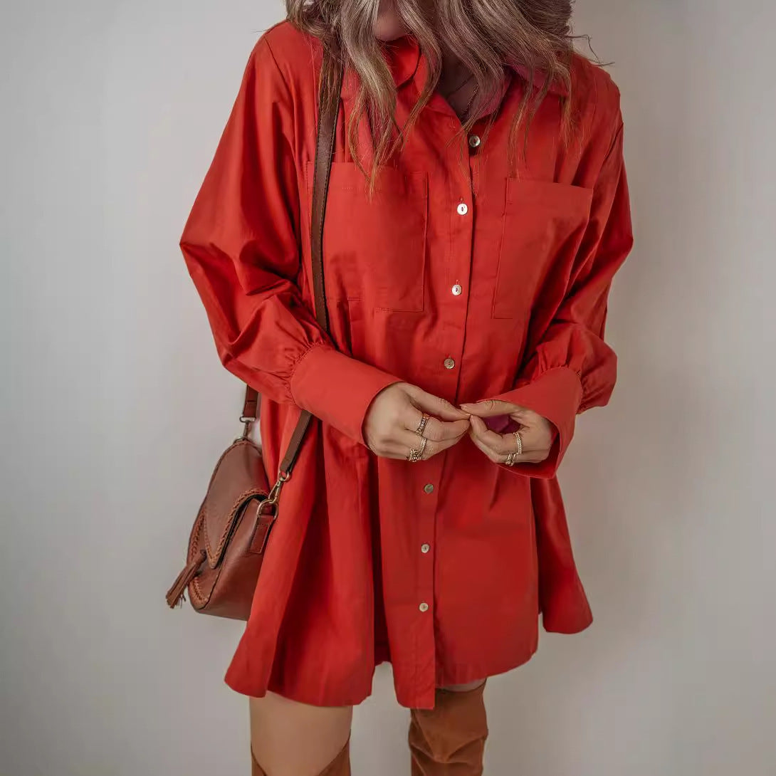 Pocketed Button Down Long Sleeve Shirt Dress