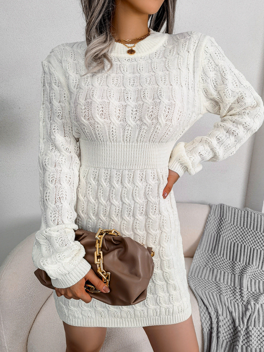 Cable-Knit Openwork White Sweater Dress