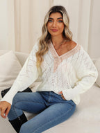 Lace Detail V-Neck Long Sleeve Rice White Sweater