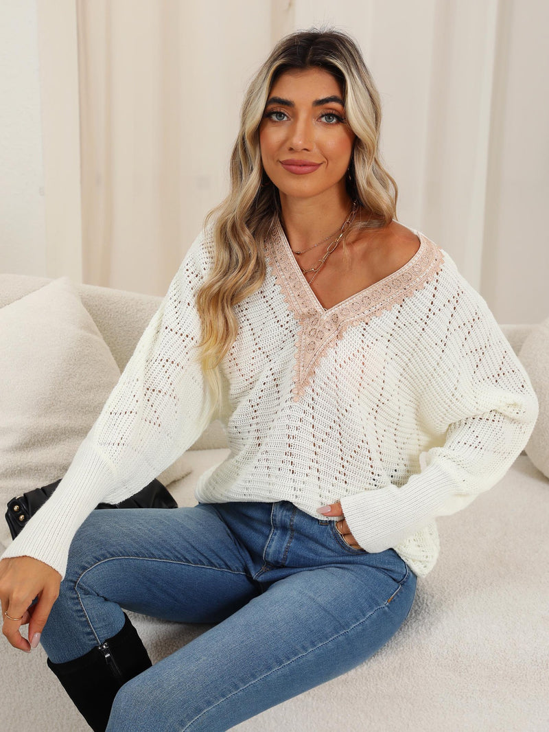 Lace Detail V-Neck Long Sleeve Rice White Sweater