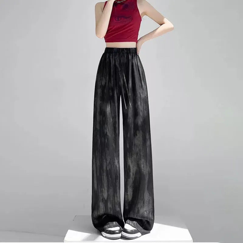 Loose Sstraight Silk Satin Wide Leg Black Trousers