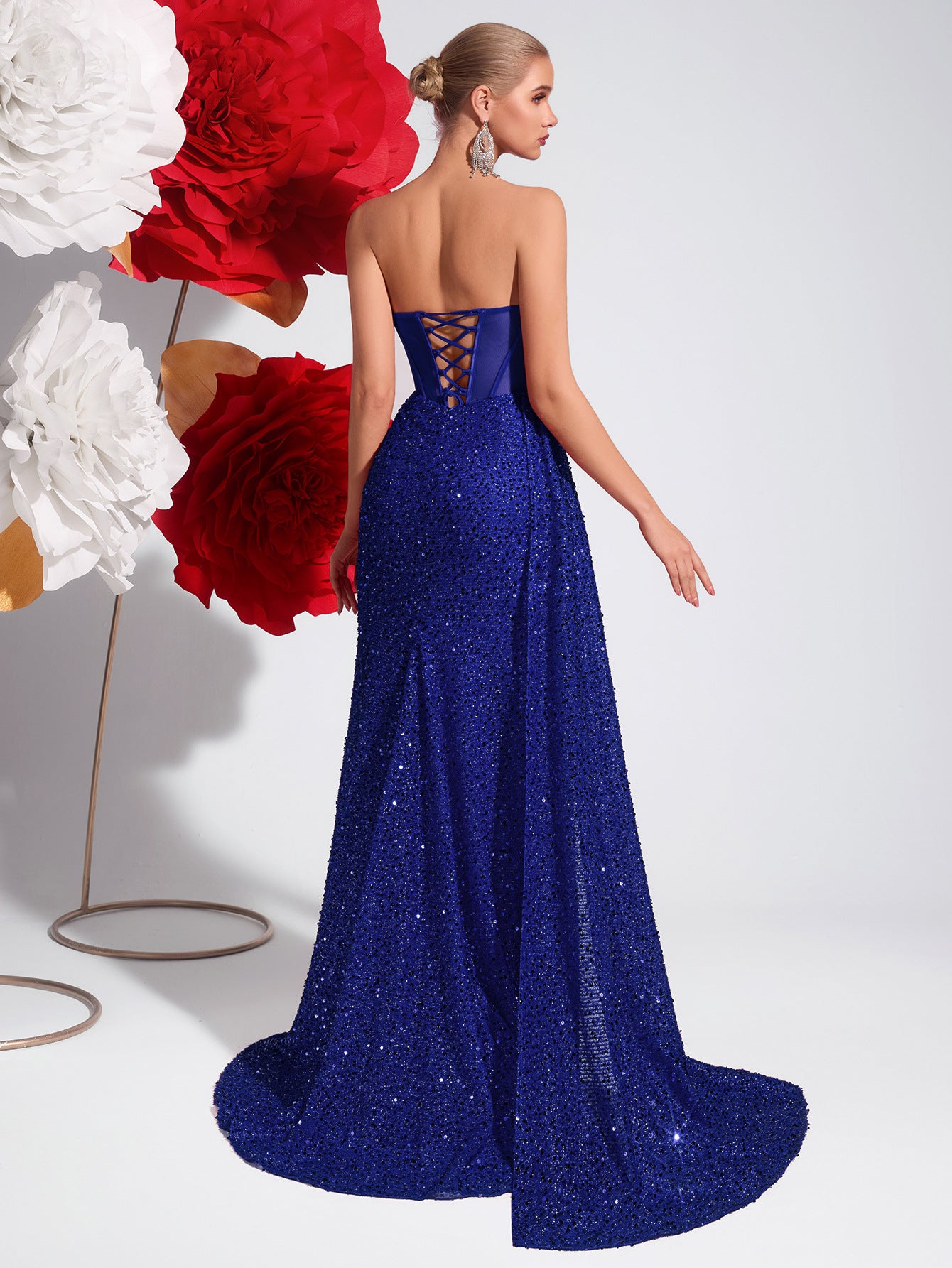 High Slit Floor Corset Royal Blue Evening Dress