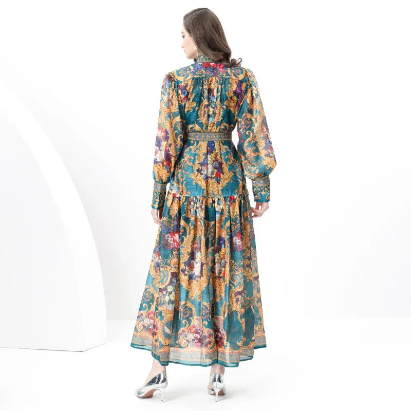 Court Style Lantern Sleeve Strap Waist Luxury Green Dress