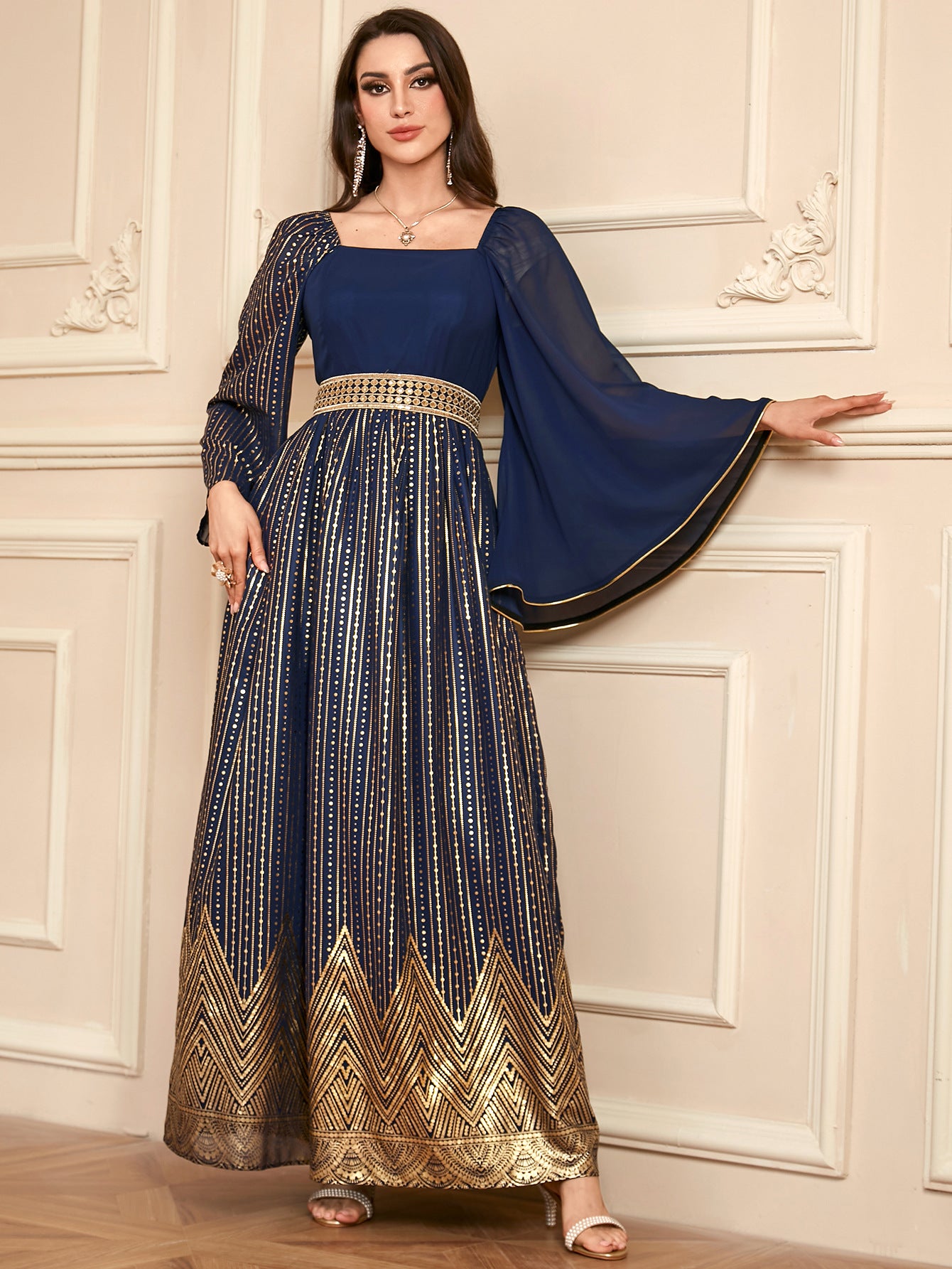 Elegant Floral Embossed Arabian Royal Blue Maxi Dress
