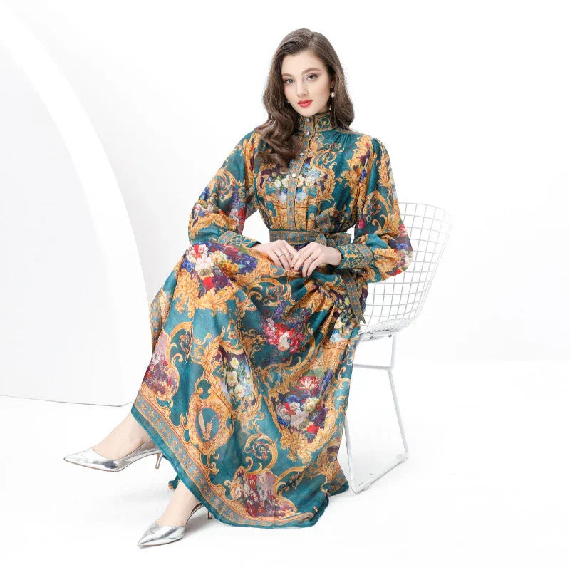 Court Style Lantern Sleeve Strap Waist Luxury Green Dress