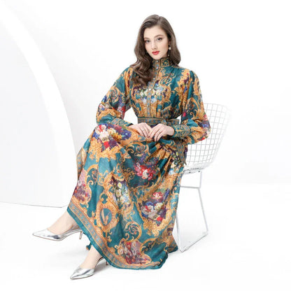 Court Style Lantern Sleeve Strap Waist Luxury Green Dress