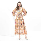 Court Style Lantern Sleeve Strap Waist Luxury Gold Dress