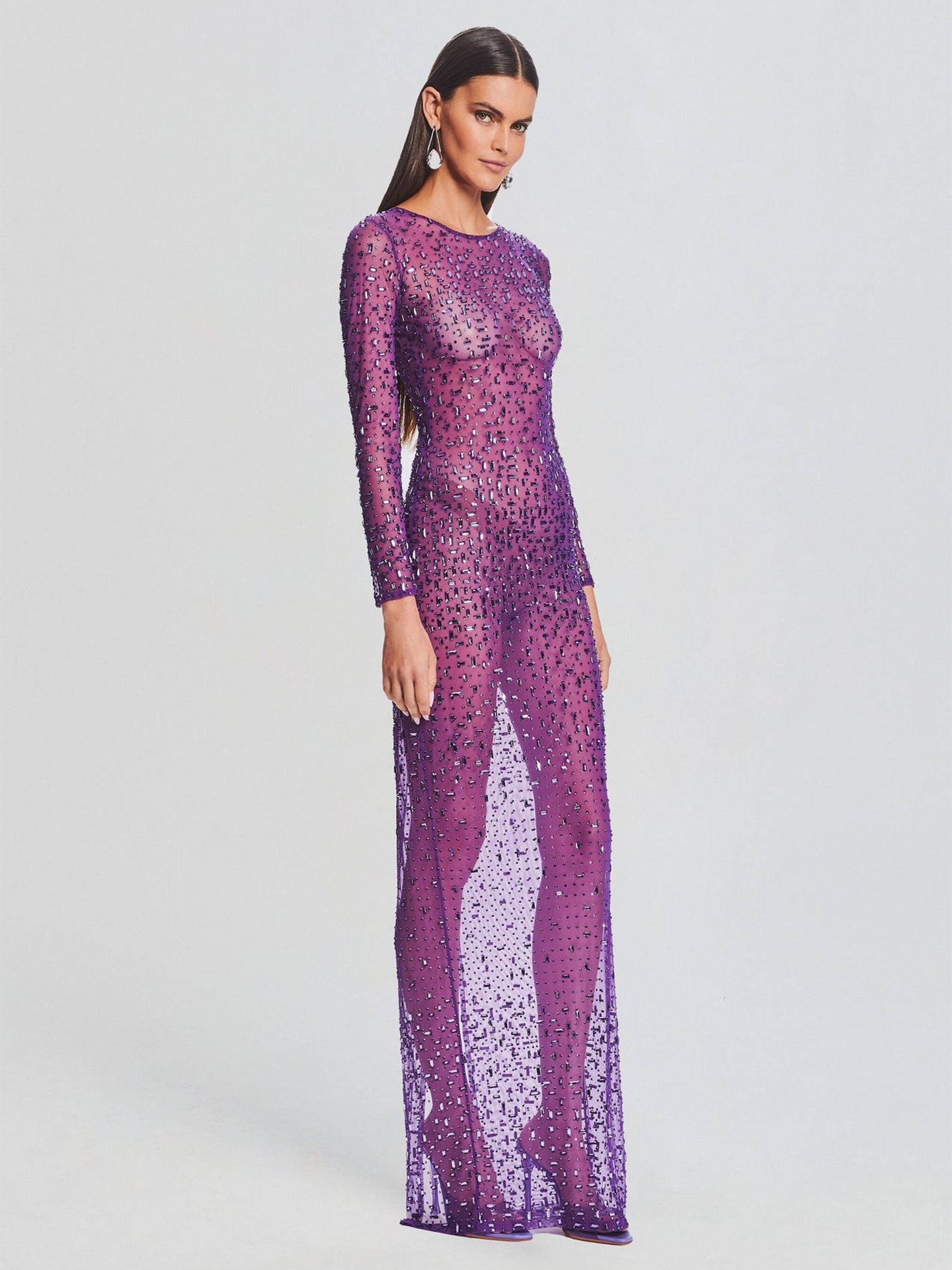 Rhinestone Long Sleeve Slim Purple Dress