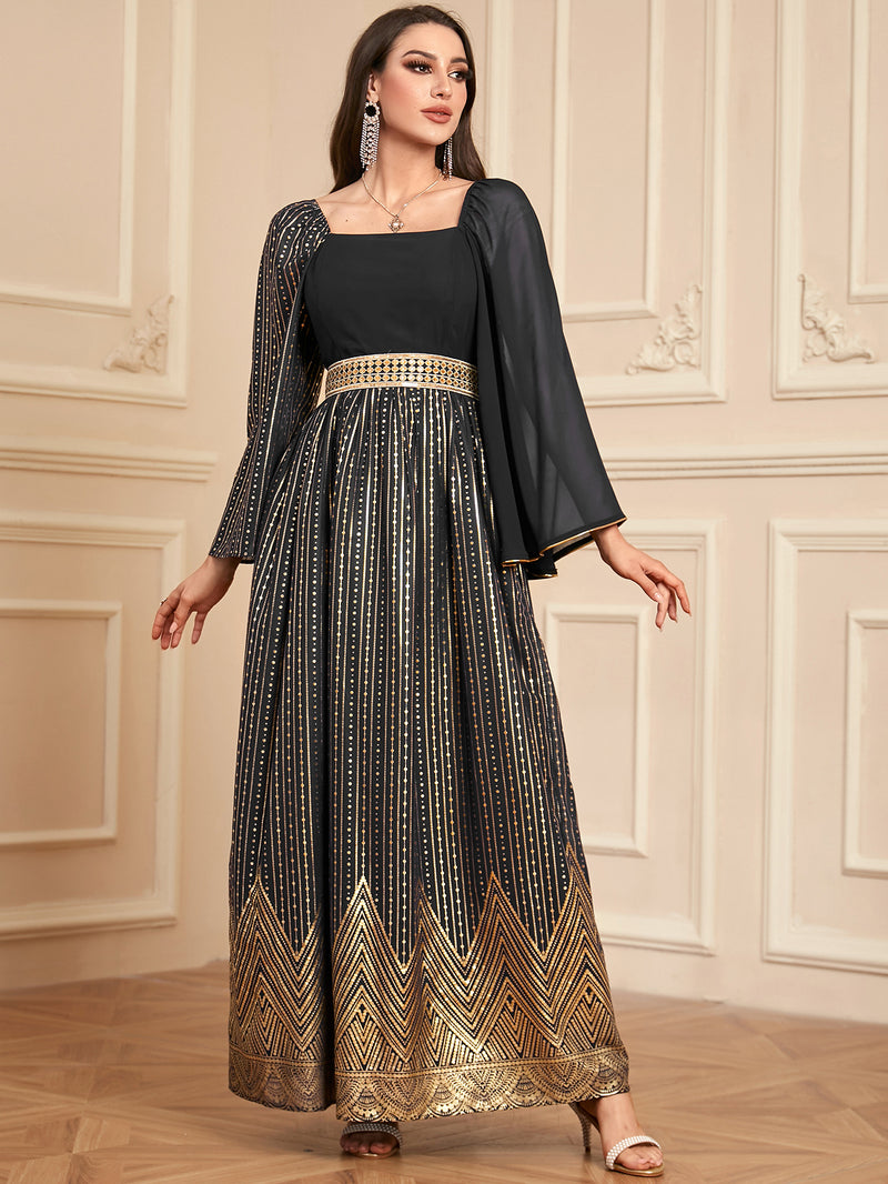 Elegant Floral Embossed Arabian Black Maxi Dress
