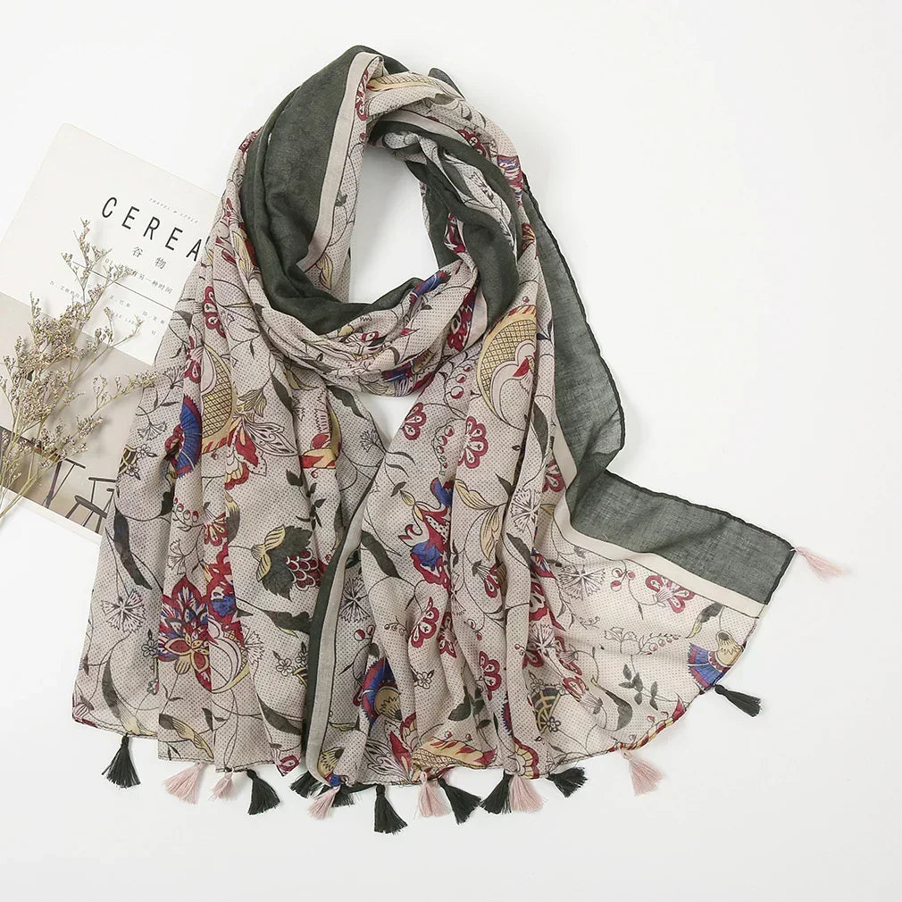 Vintage Stitching Bohemian Cashew Muted Olive Floral Scarf