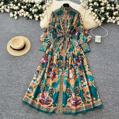 Court Style Lantern Sleeve Strap Waist Luxury Green Dress