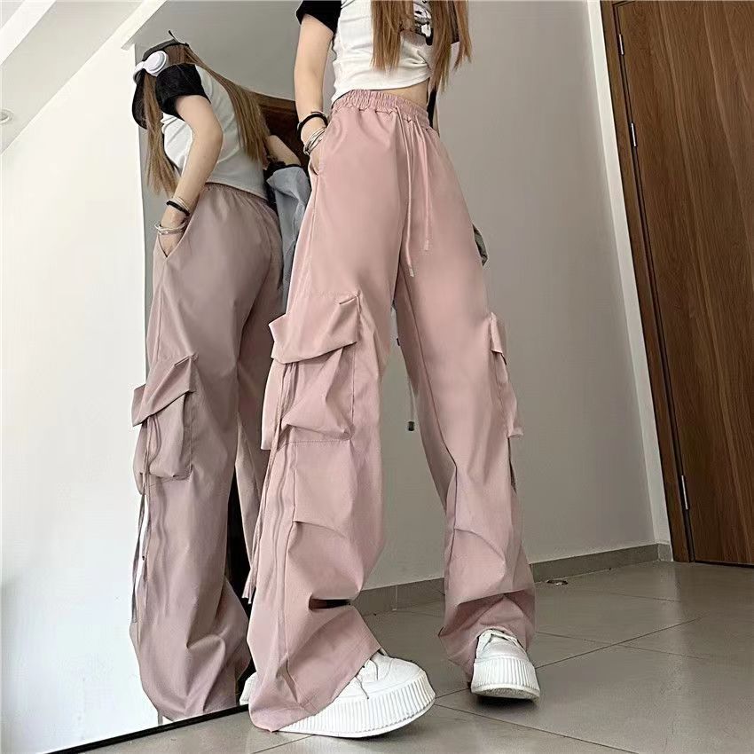 Retro Workwear Casual Loose Pink Pants