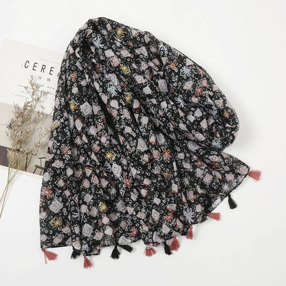 Cotton Linen Retro Jet Black Long Scarf