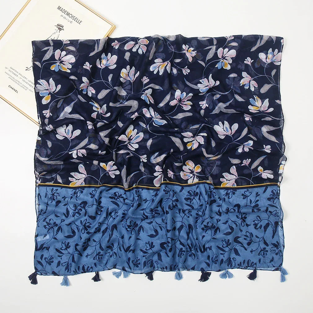 Cotton Linen Retro Ocean Blue Long Scarf