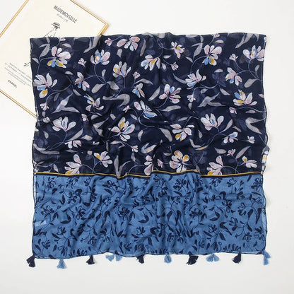 Cotton Linen Retro Ocean Blue Long Scarf