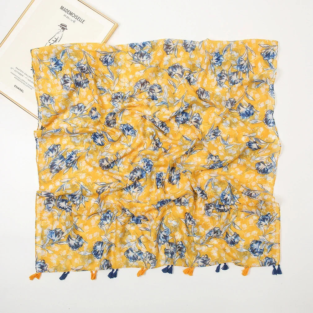 Cotton Linen Mustard Yellow Floral Long Scarf