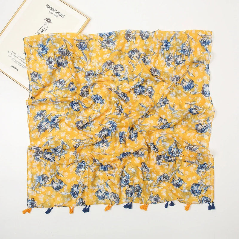 Cotton Linen Mustard Yellow Floral Long Scarf