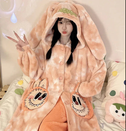 Thickeneded Velvet Flannel Warmth Orange and White Cute Pajama